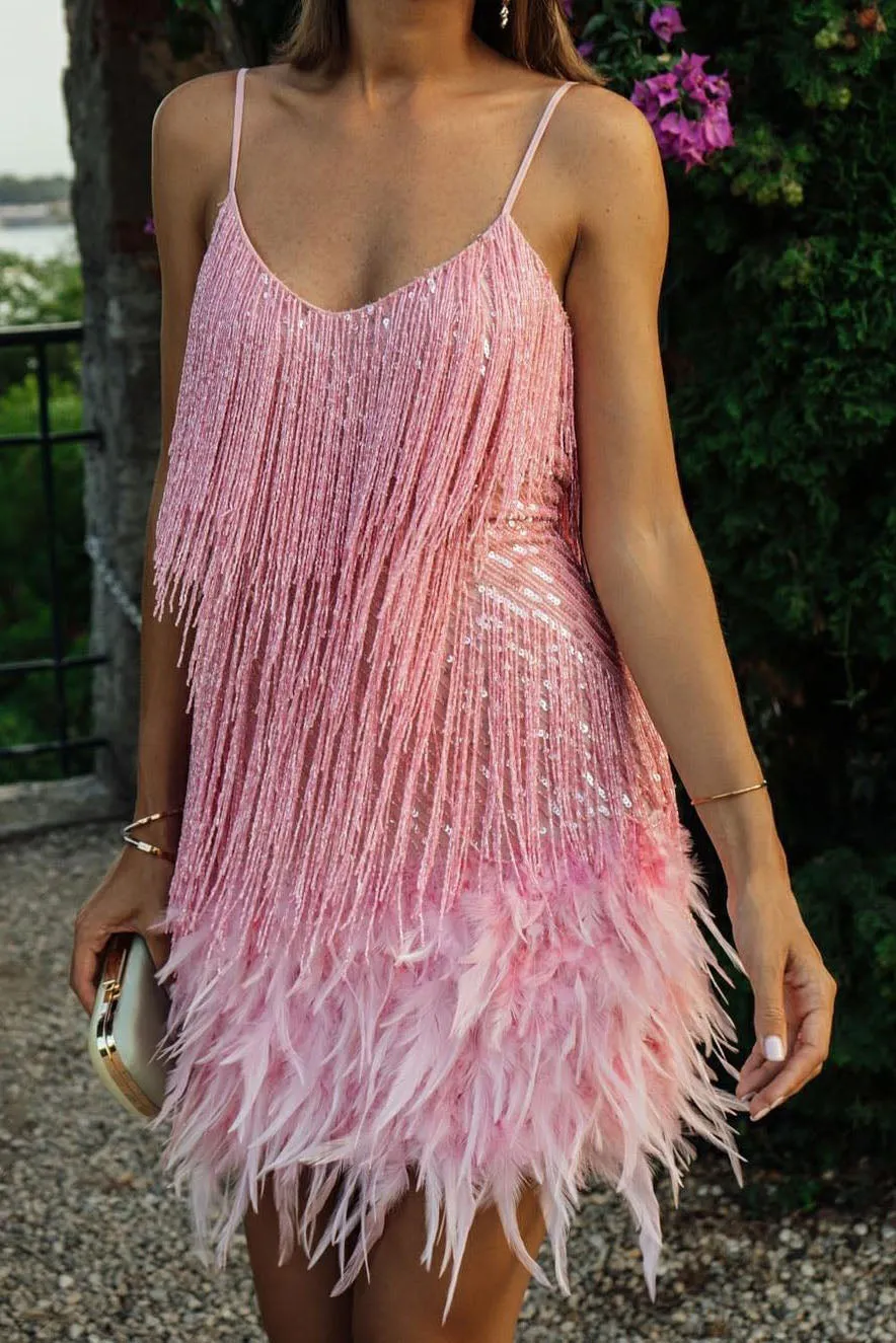 Fringed sequined Feather-paneled Gown Dress