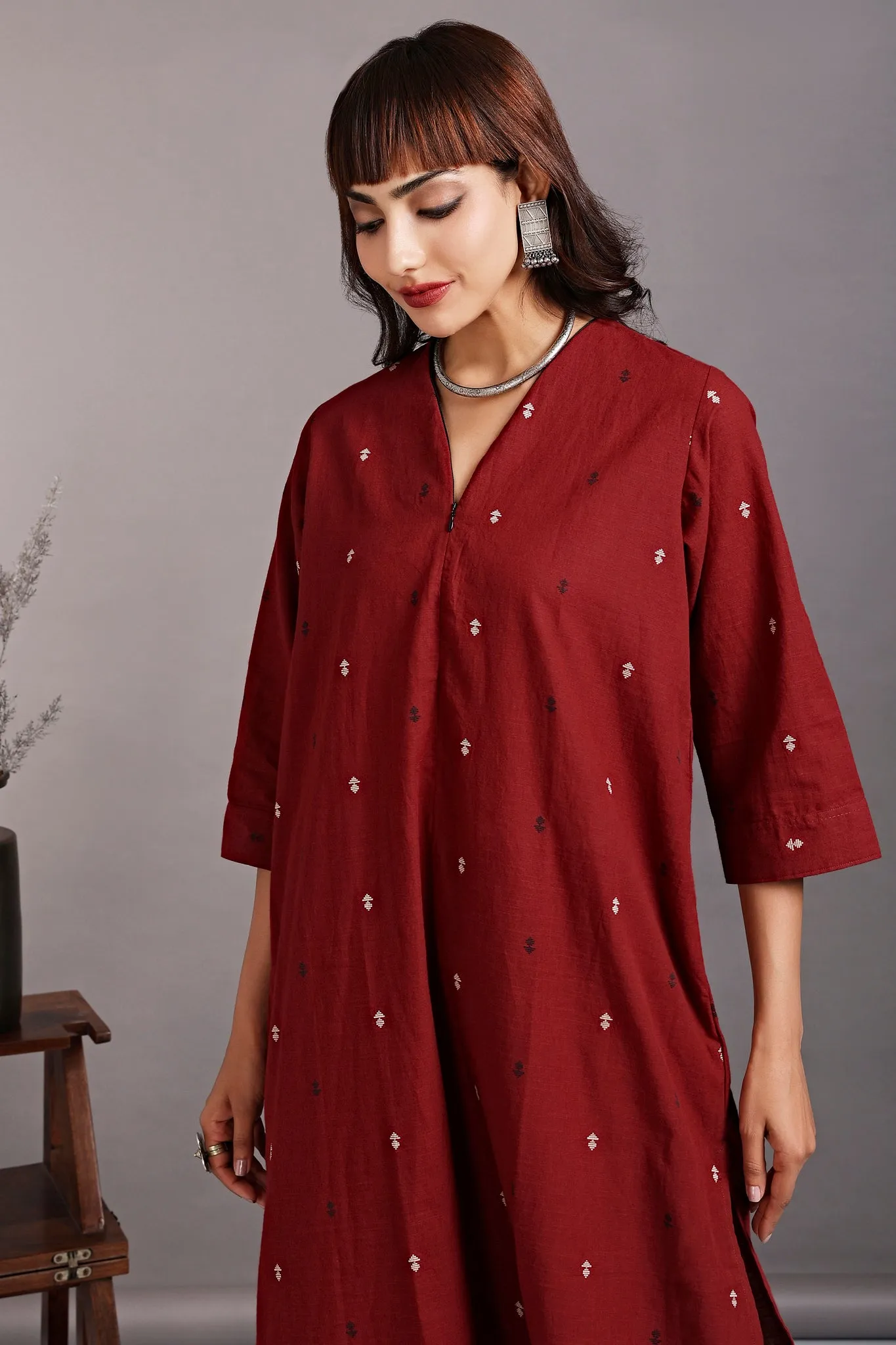 front zipper a-line kurta - rustic red & spring evenings