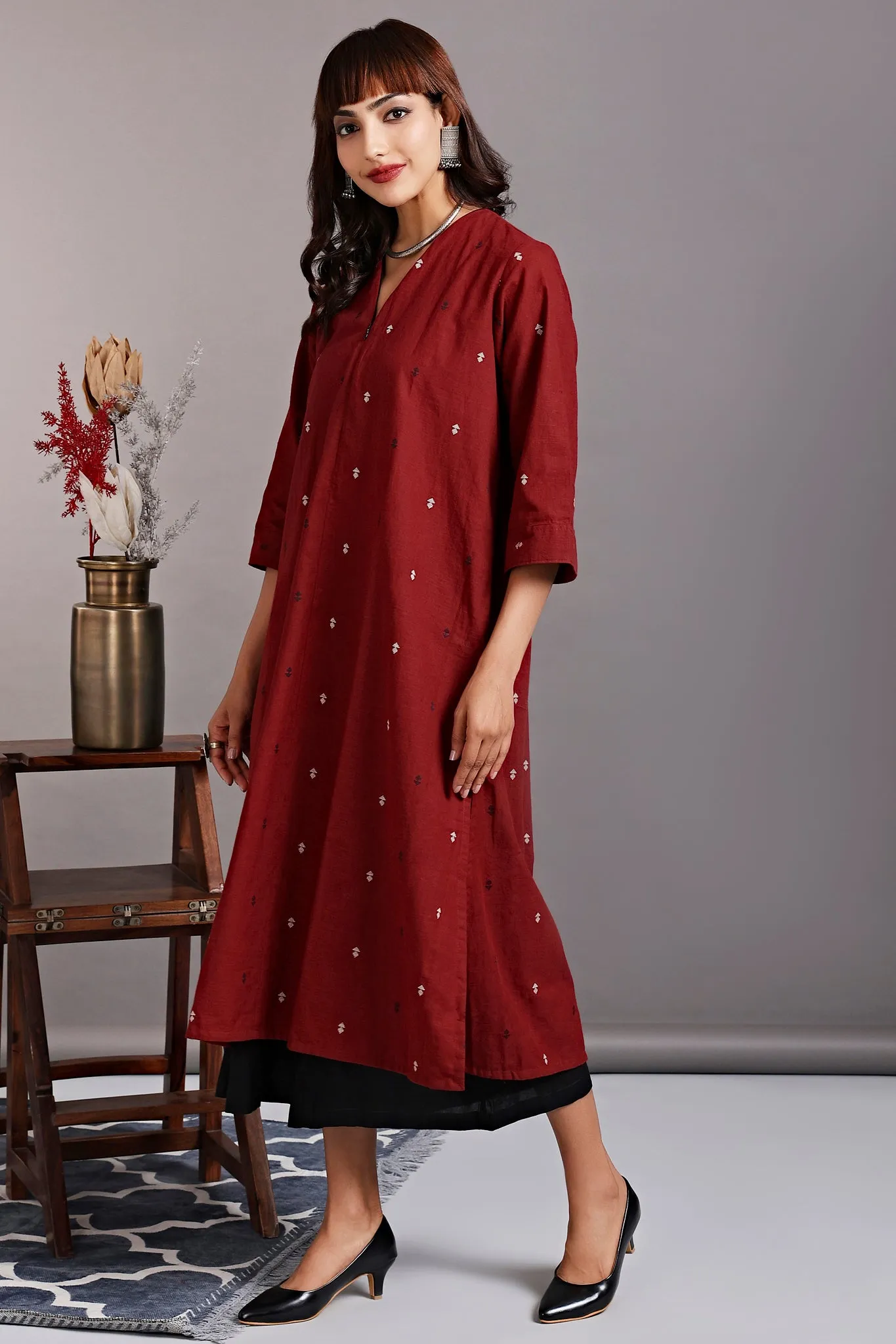 front zipper a-line kurta - rustic red & spring evenings