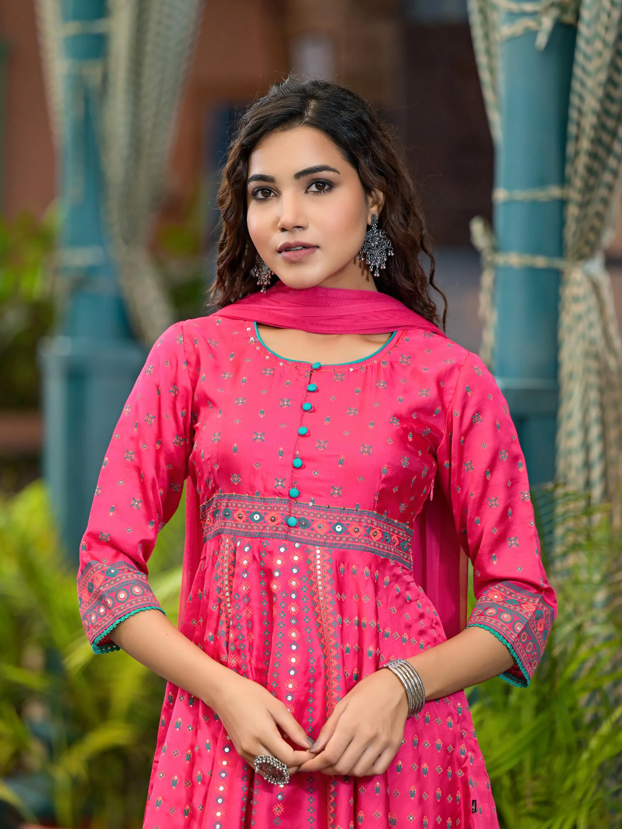 Fuchsia Ethnic Motif Printed Satin Flared Kurta Set With Mirror Work & Lace