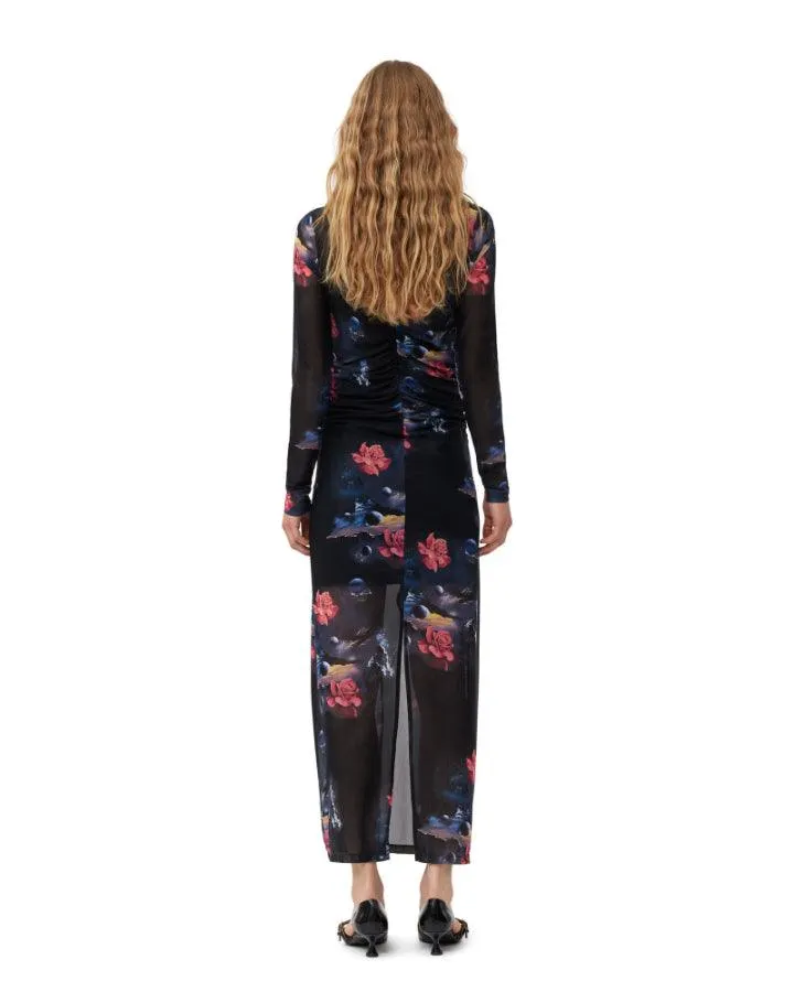 Ganni Printed Mesh O-Neck Ruched Long Dress