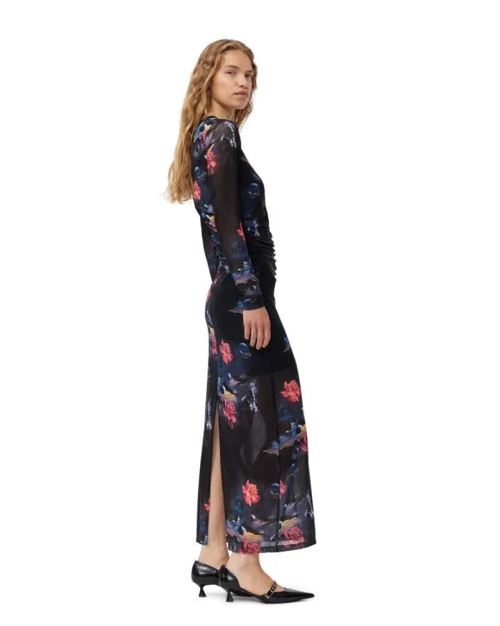 Ganni Printed Mesh O-Neck Ruched Long Dress