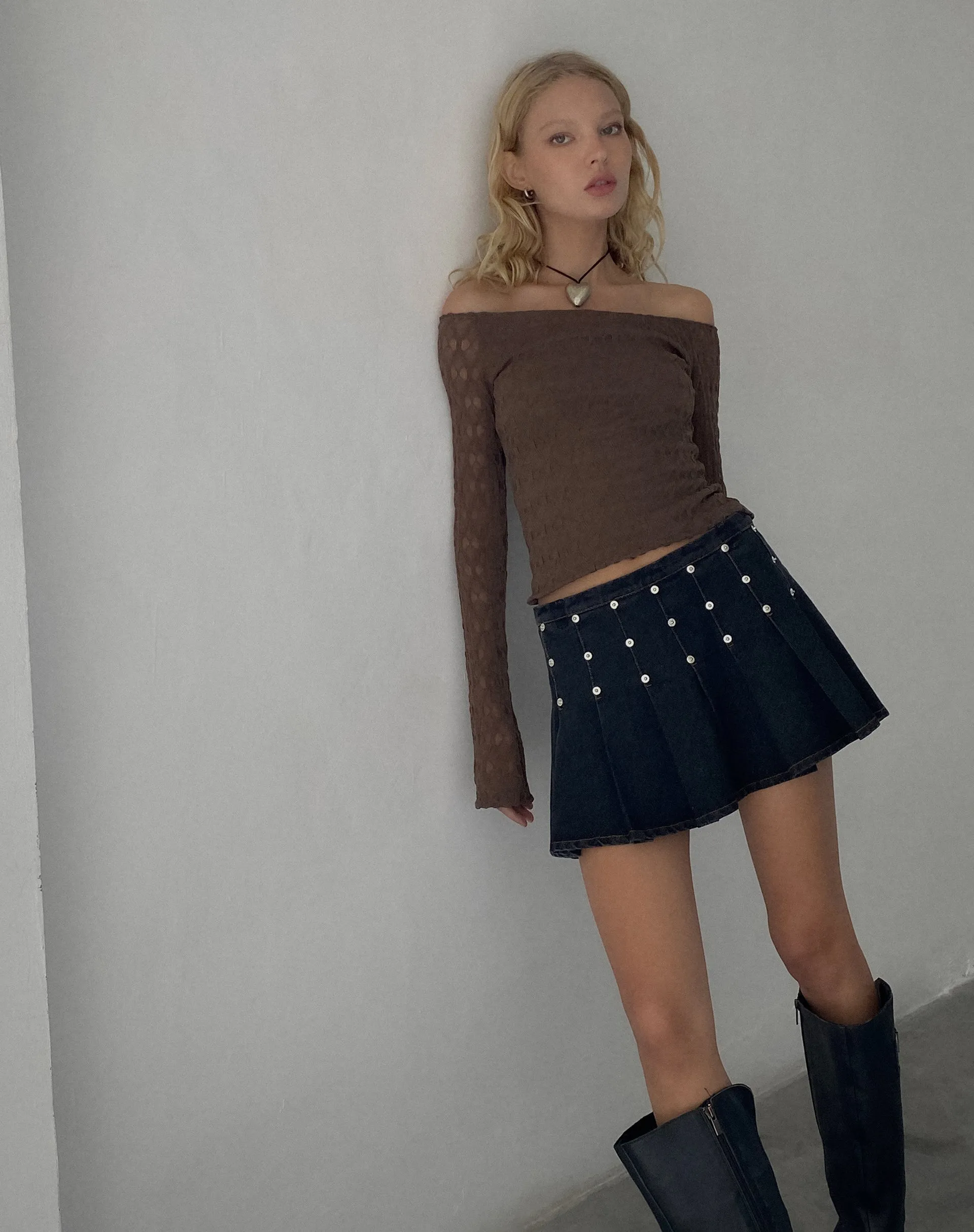 Gatlin Pleated Denim Mini Skirt in Black Wash with Studs