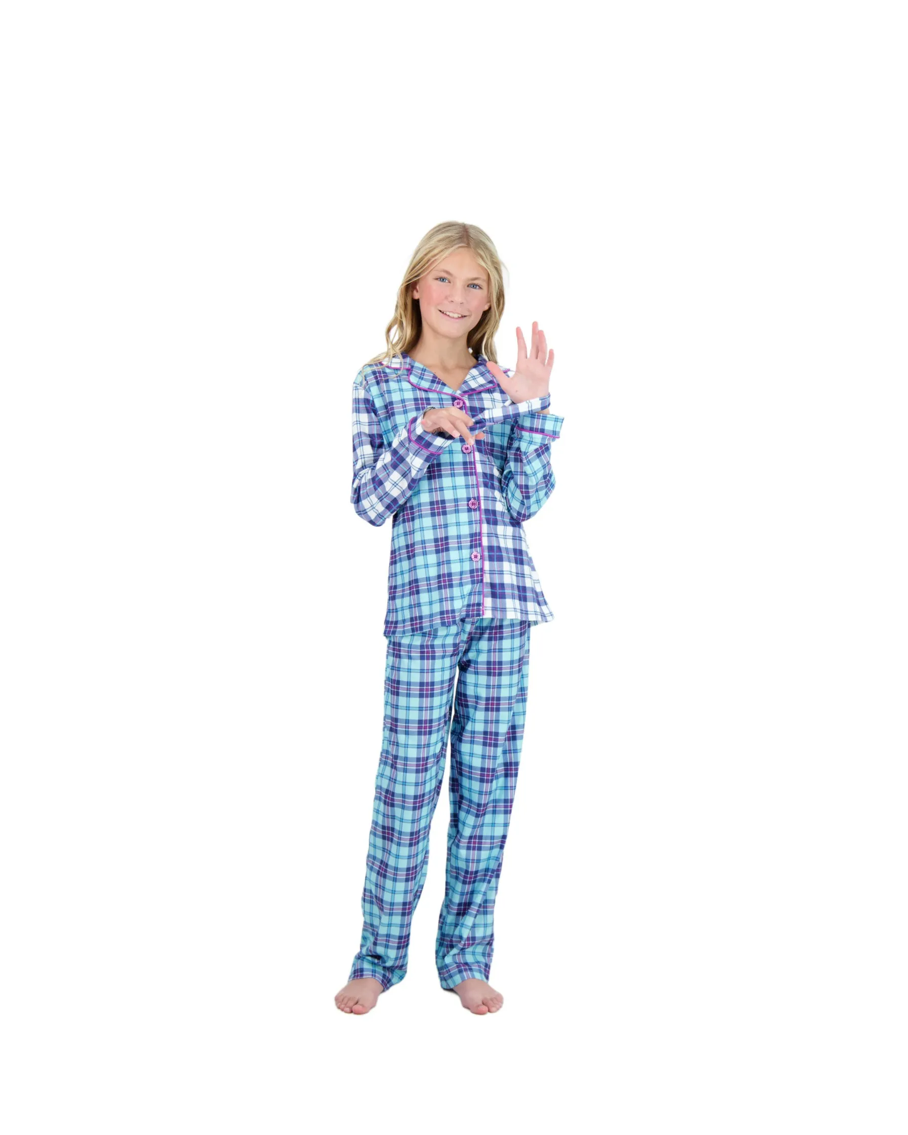 Girls 2-Piece Brushed Jersey Button-Front Coat Pajama Set- Plaid, with Matching Scrunchie, Multicolored Girls Pajama Set