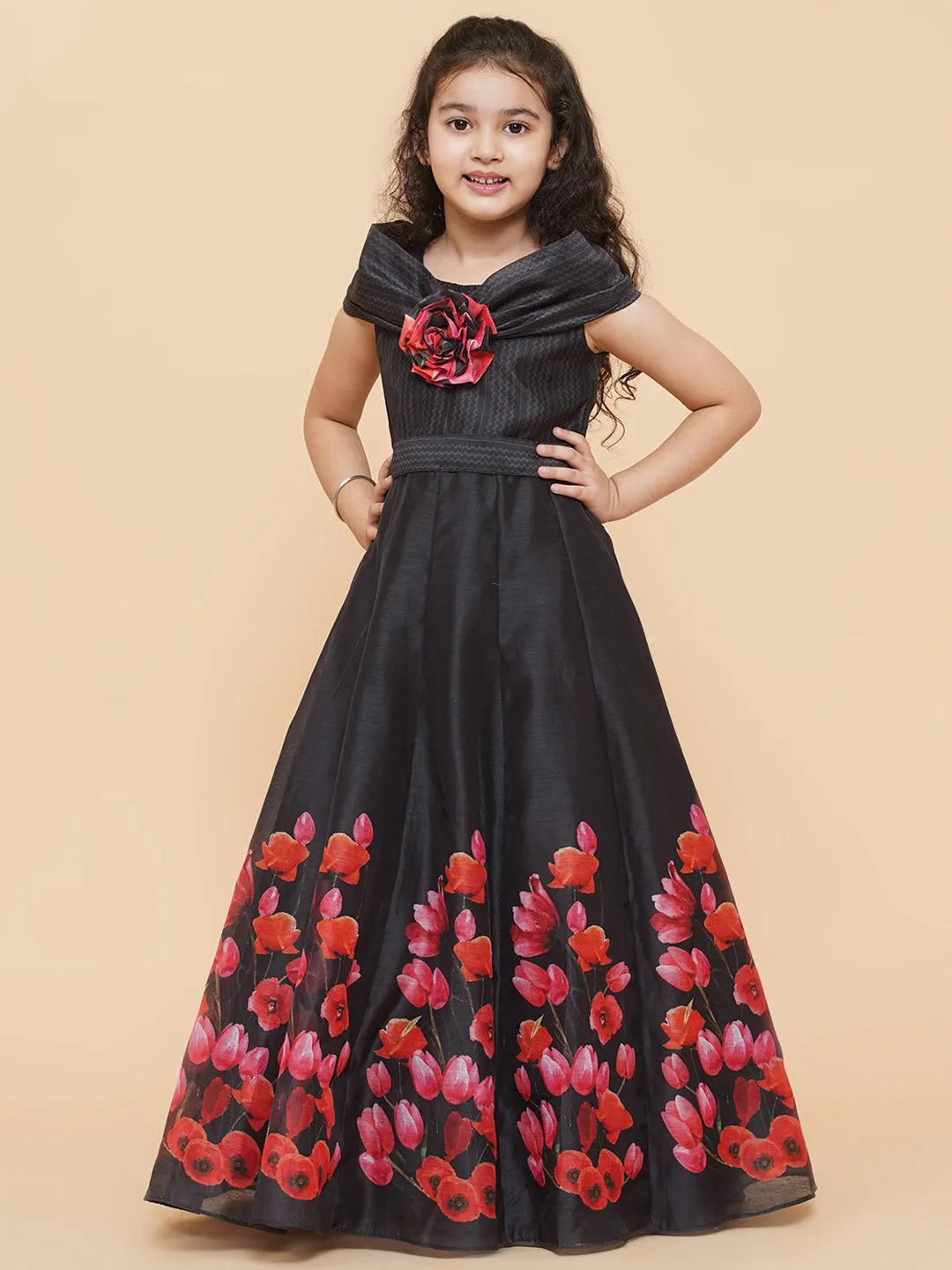 Girls Black Chnaderi Tulip Digital Print Fit & Flared Dress