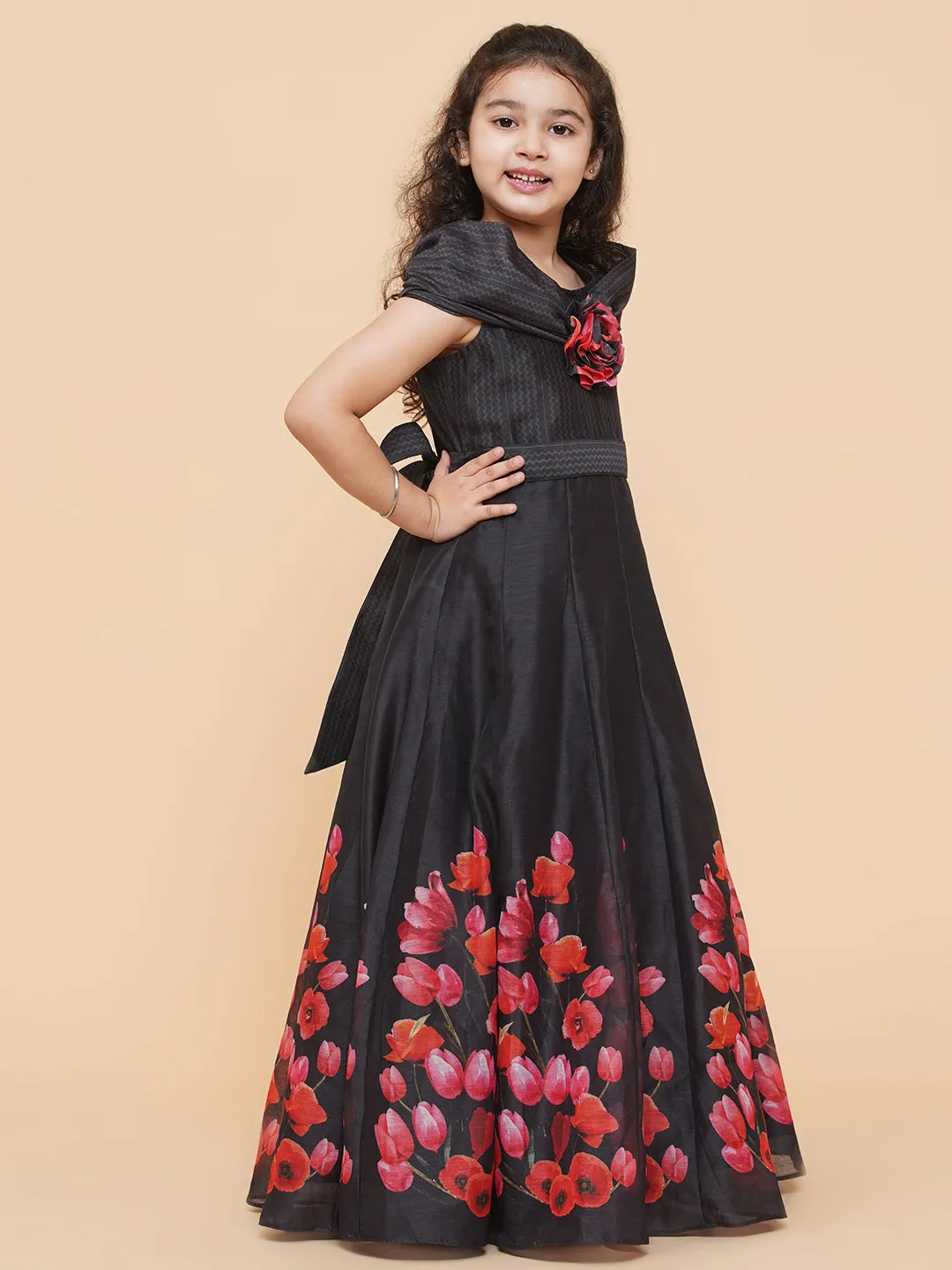 Girls Black Chnaderi Tulip Digital Print Fit & Flared Dress