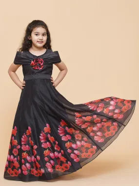 Girls Black Chnaderi Tulip Digital Print Fit & Flared Dress