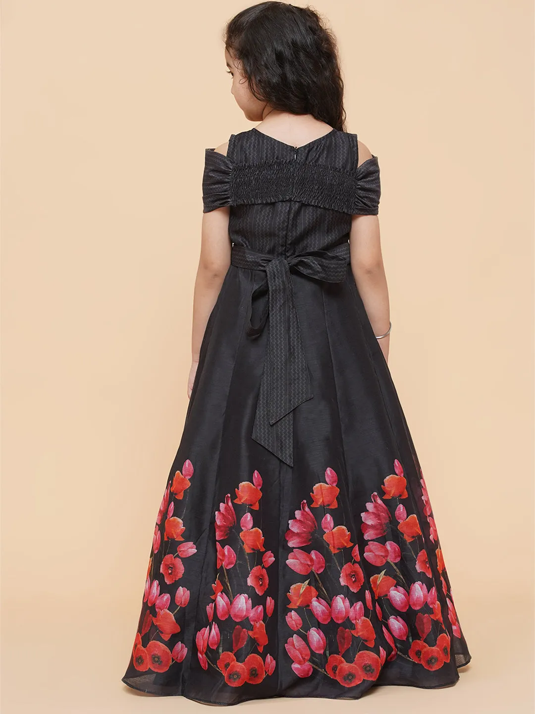 Girls Black Chnaderi Tulip Digital Print Fit & Flared Dress