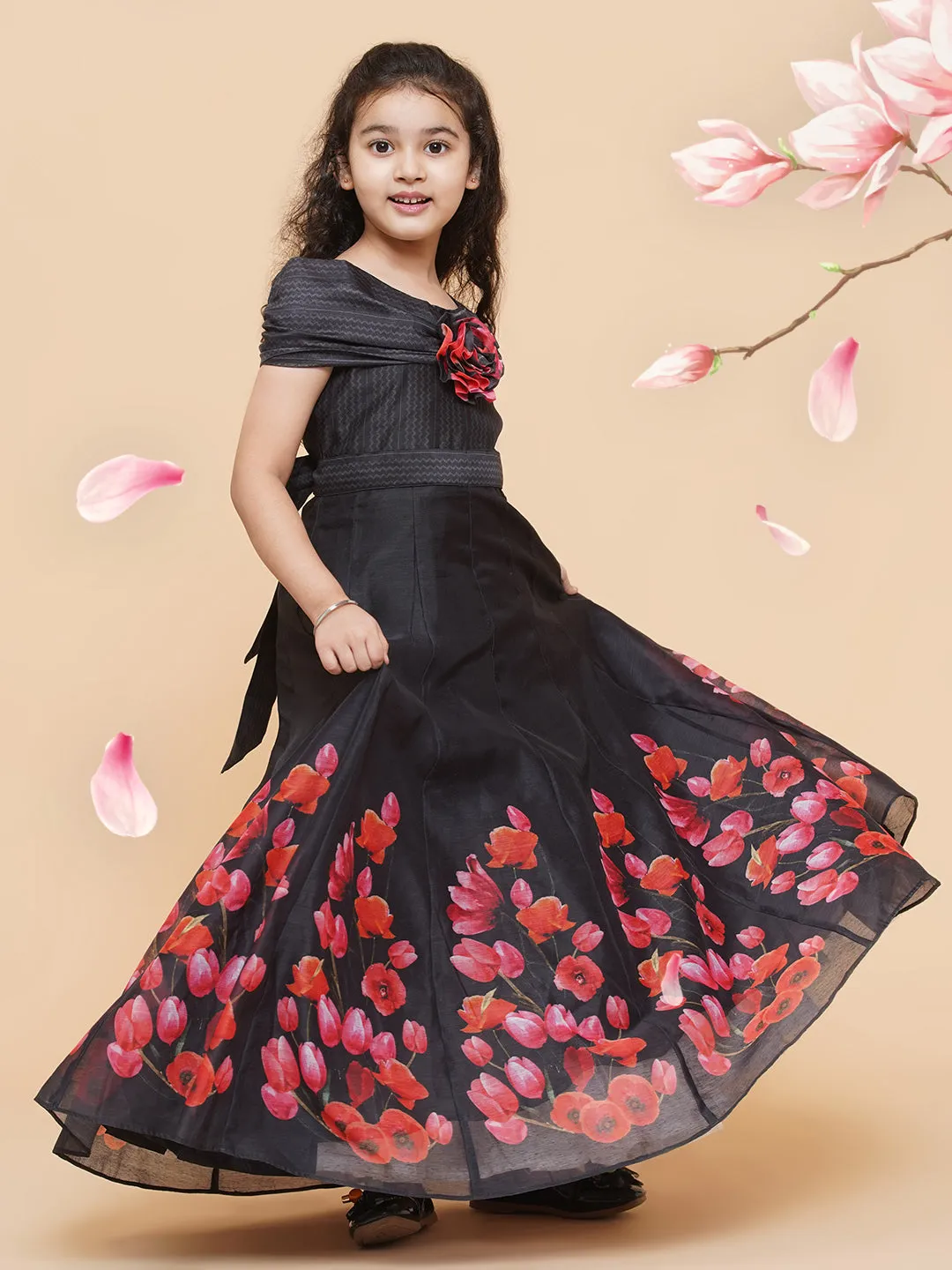 Girls Black Chnaderi Tulip Digital Print Fit & Flared Dress