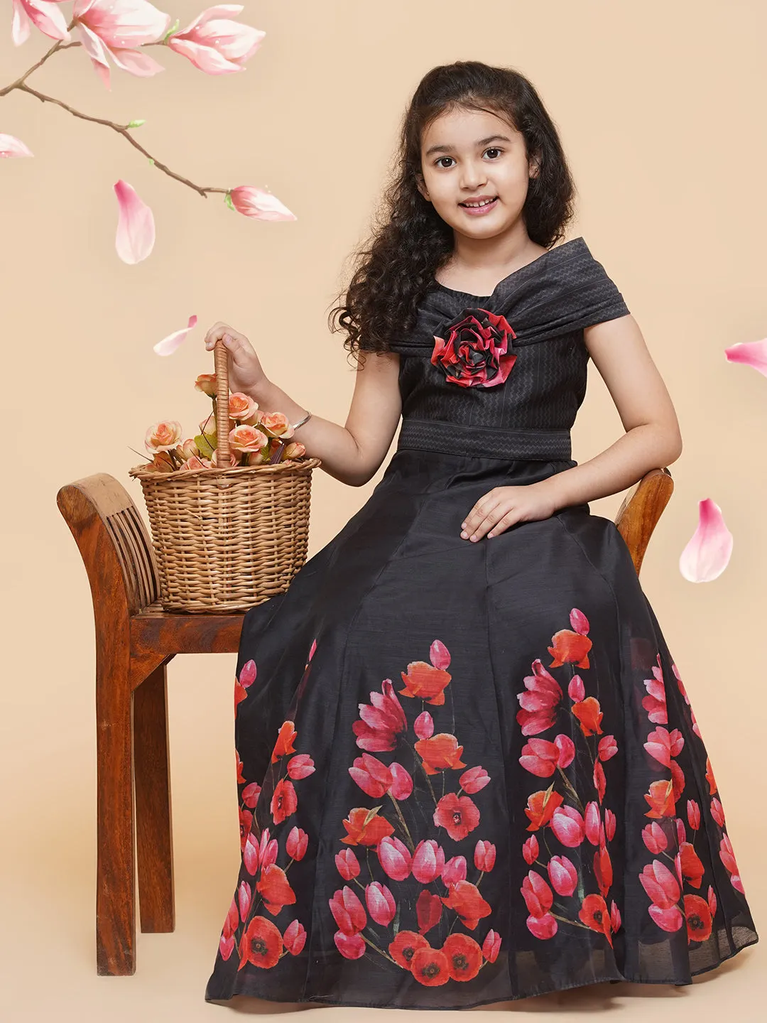 Girls Black Chnaderi Tulip Digital Print Fit & Flared Dress