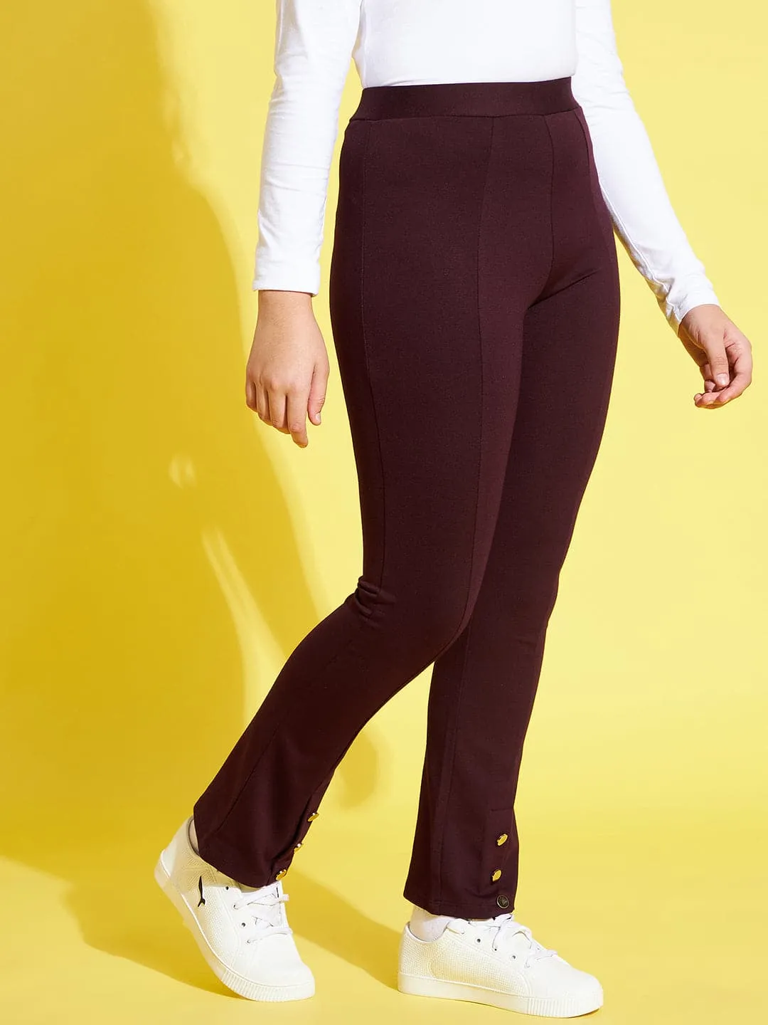 Girls Burgundy Front Button Bell Bottom Pants - Lyush Kids