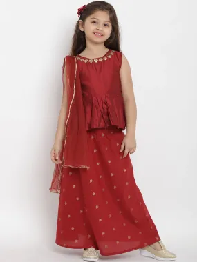 Girl's Maroon Solid Top With Skirt - Bitiya By Bhama