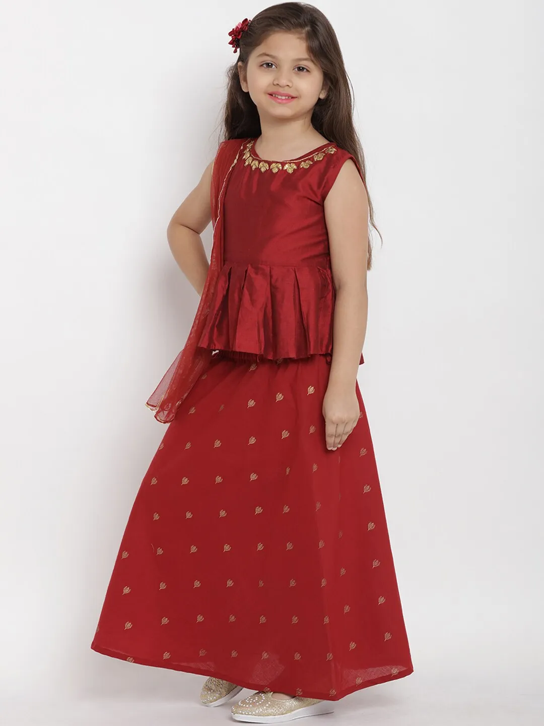 Girl's Maroon Solid Top With Skirt - Bitiya By Bhama