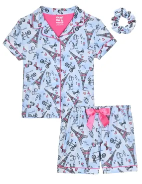 Girls Milky Jersey 2-Piece Short-Sleeve Button Down Coat Pajama Set with Matching Scrunchie – Paris