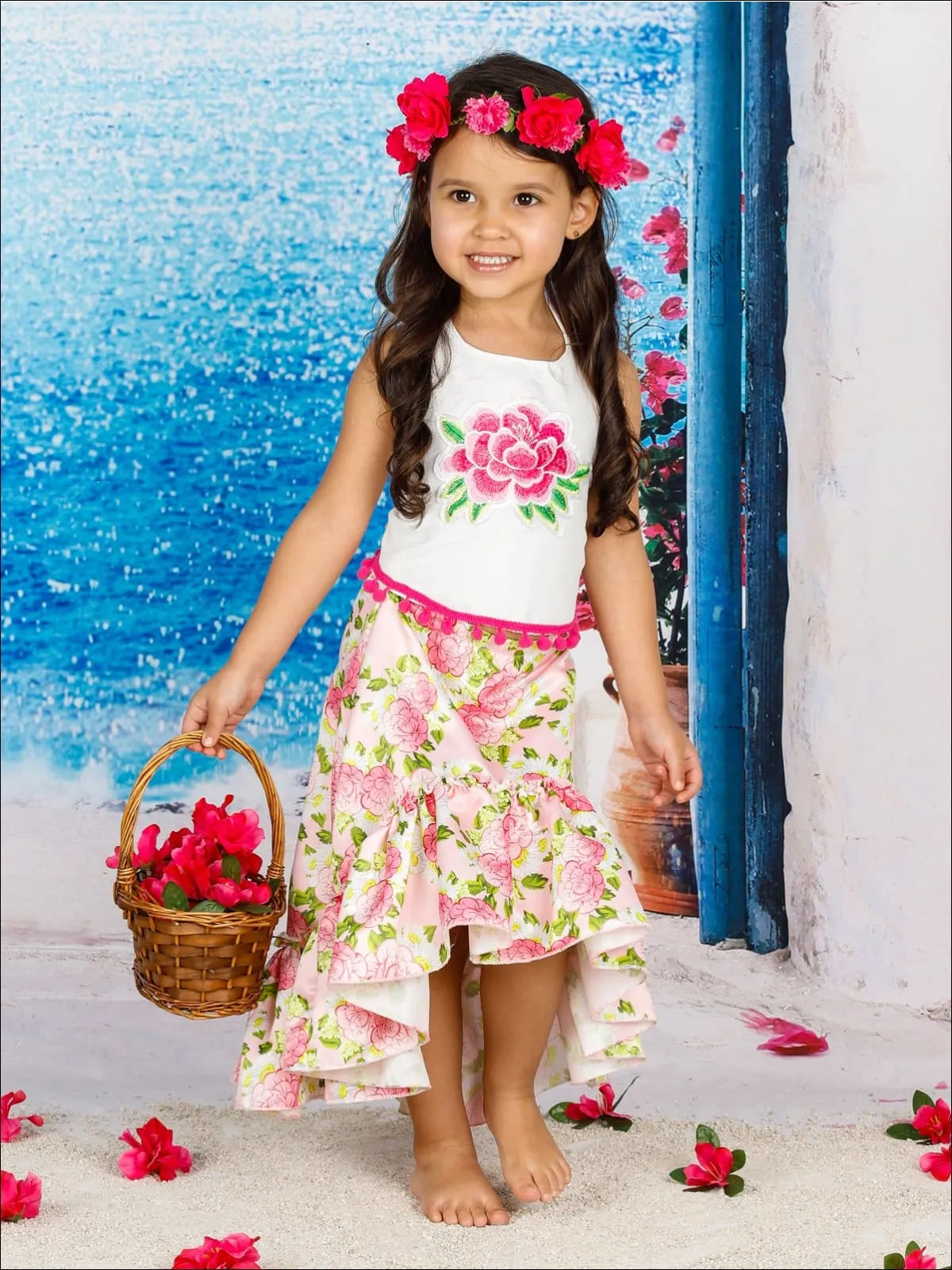 Girls Pom Pom Trimmed Halter Top And Satin Hi-Lo Ruffled Skirt Set