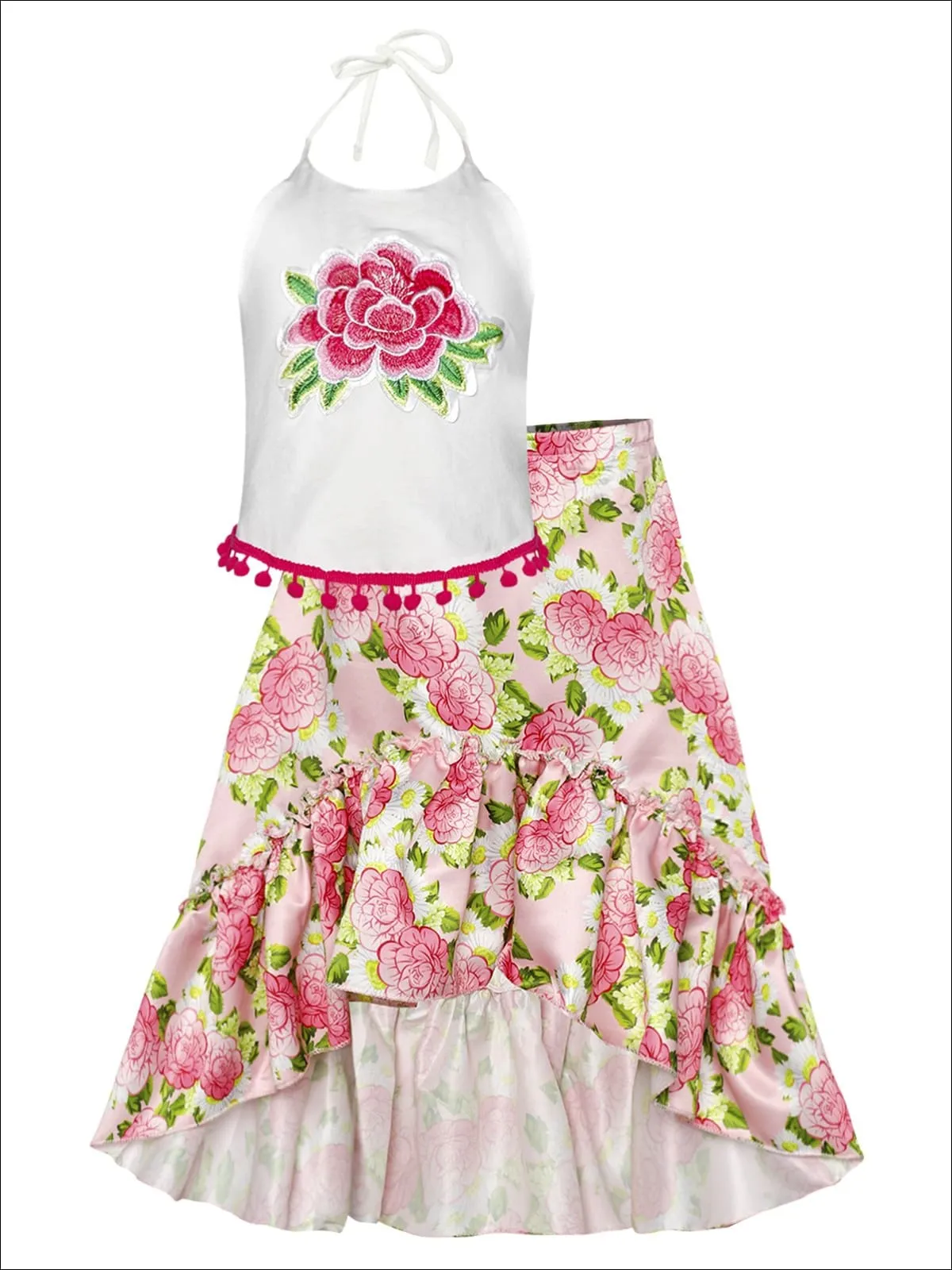 Girls Pom Pom Trimmed Halter Top And Satin Hi-Lo Ruffled Skirt Set