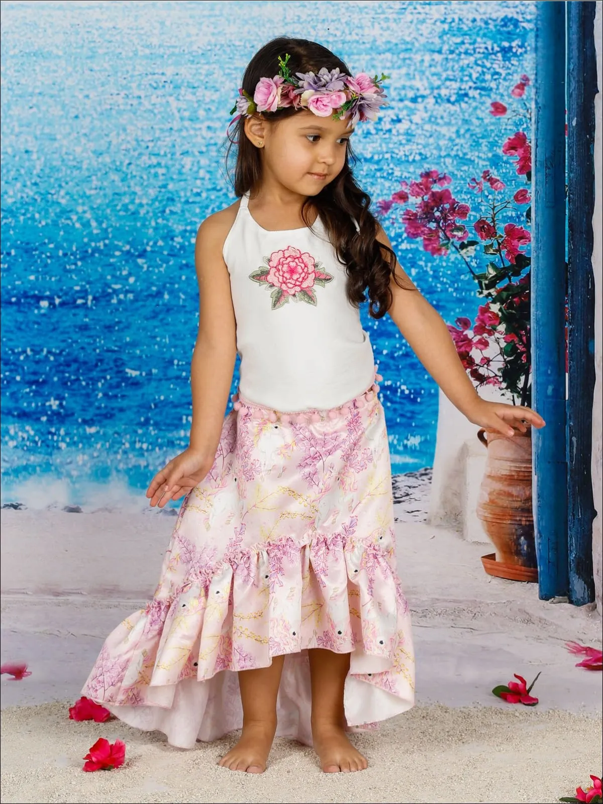 Girls Pom Pom Trimmed Halter Top And Satin Hi-Lo Ruffled Skirt Set