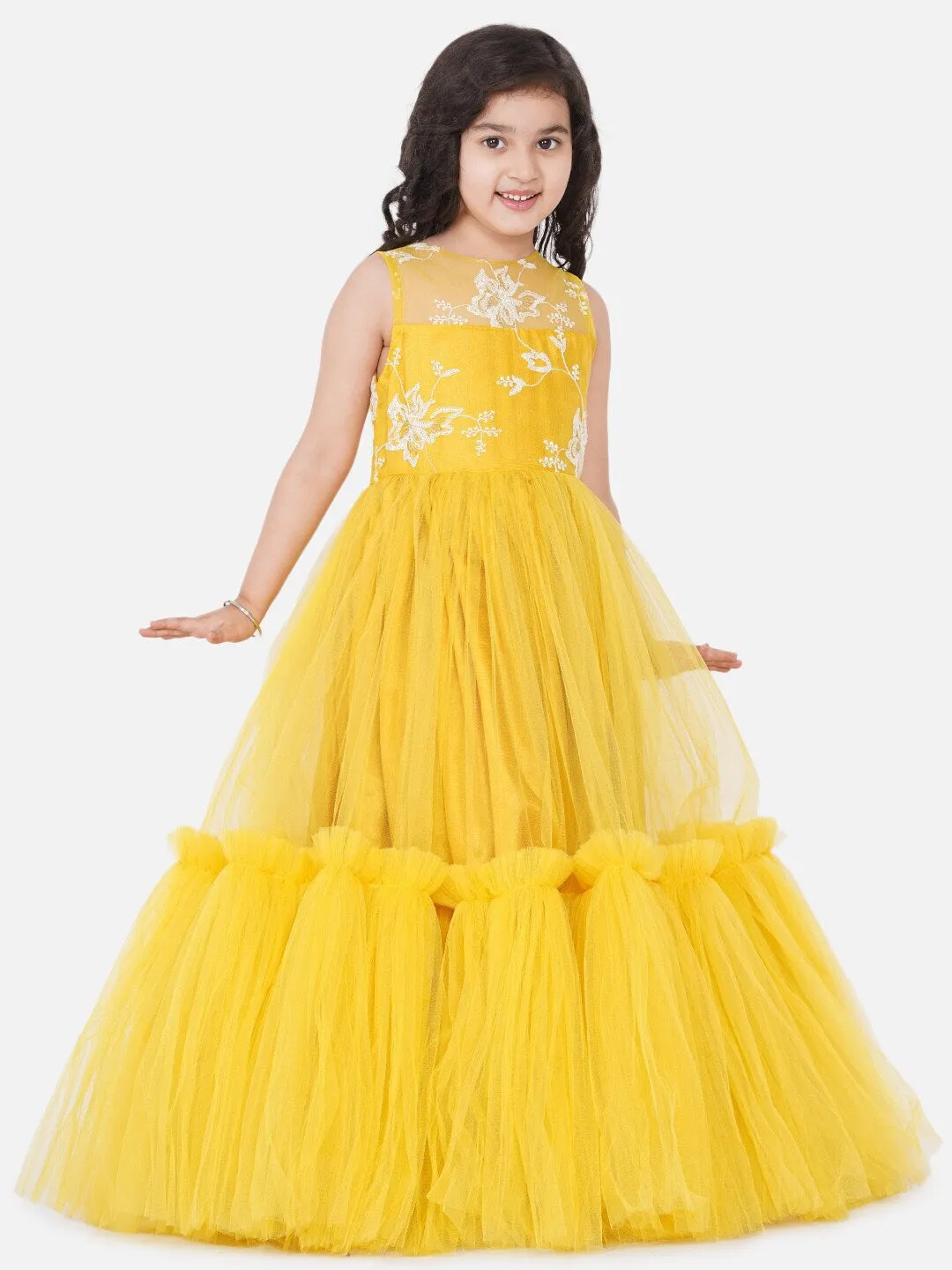 Girls Yellow Embellished Net Maxi Dress