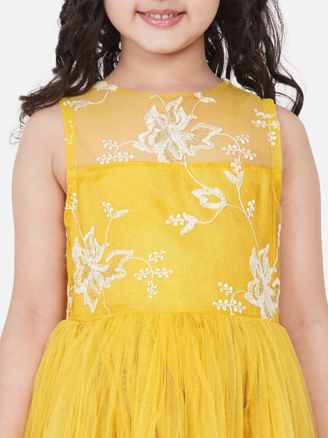 Girls Yellow Embellished Net Maxi Dress