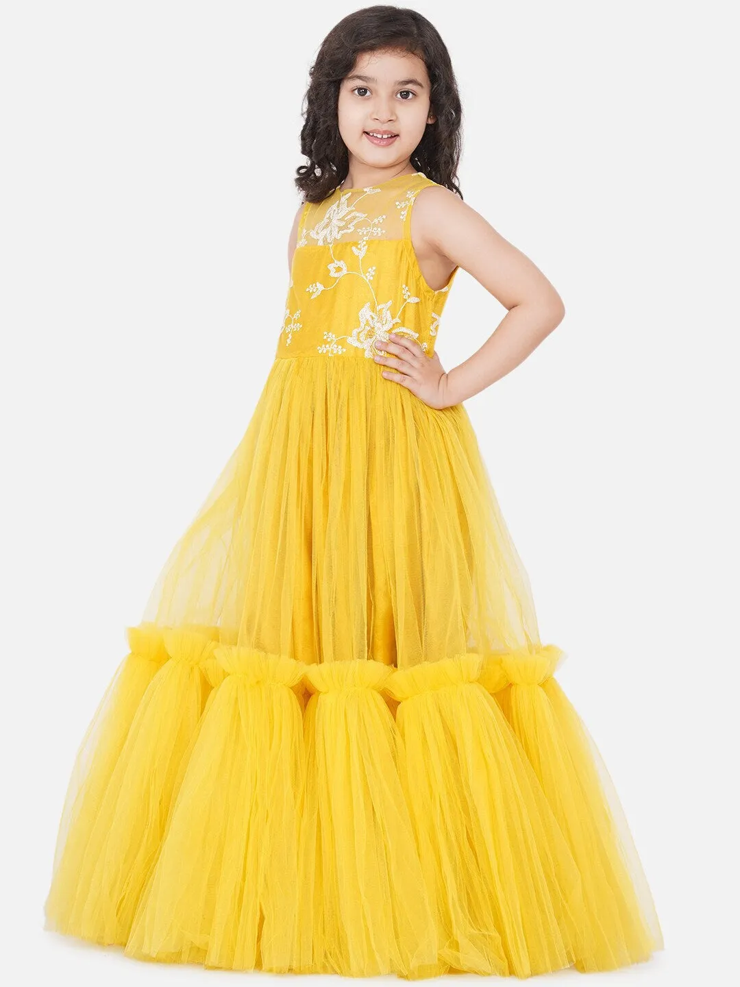 Girls Yellow Embellished Net Maxi Dress