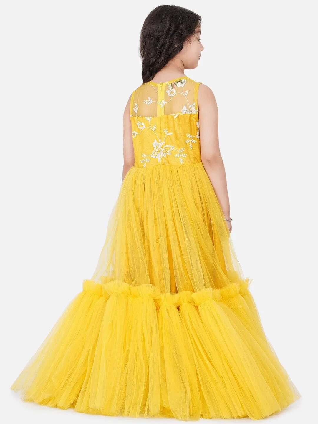 Girls Yellow Embellished Net Maxi Dress