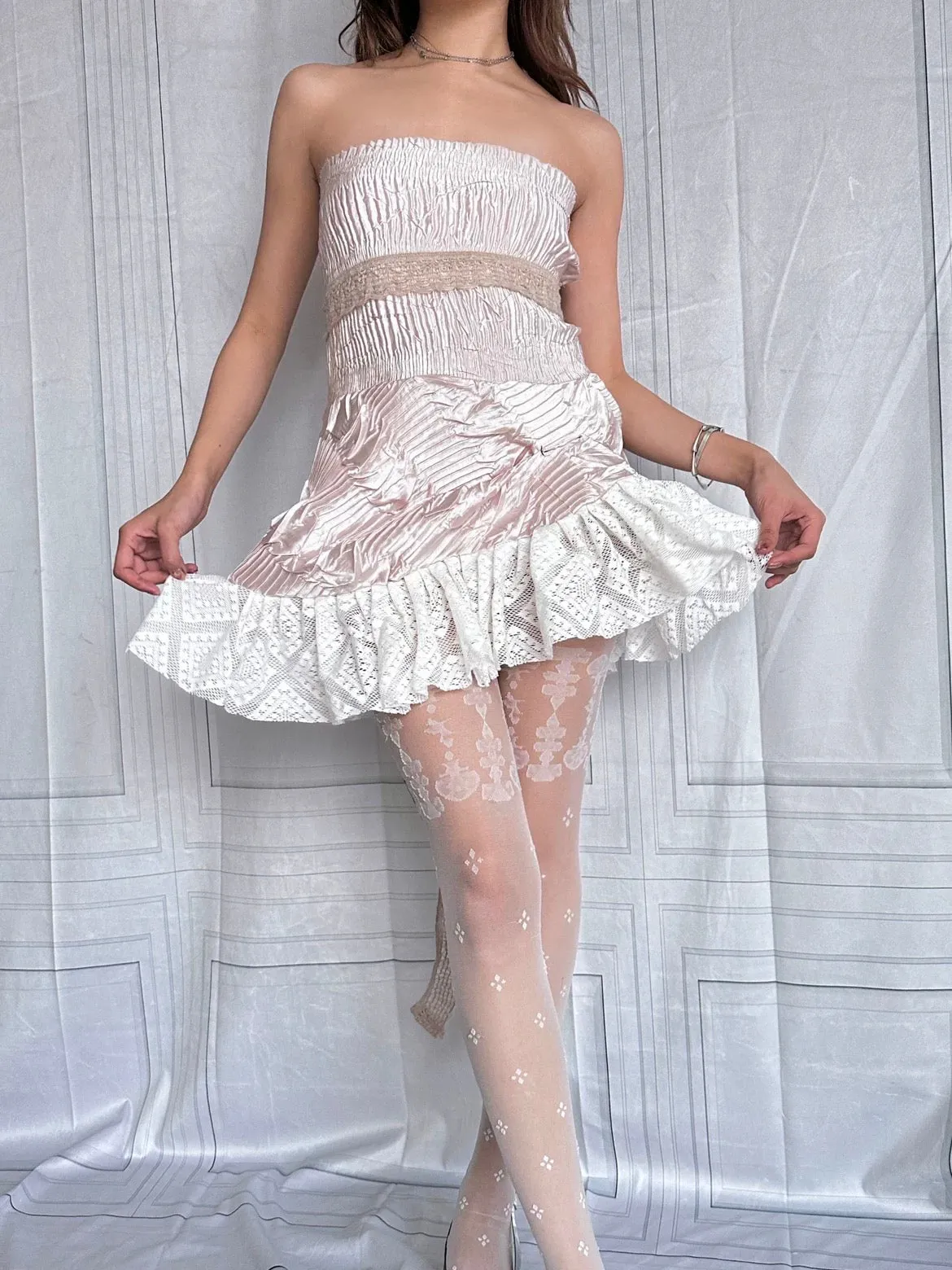 Girly pink pleated stretch lace lotus asymmetrical hem cute skirt/dress