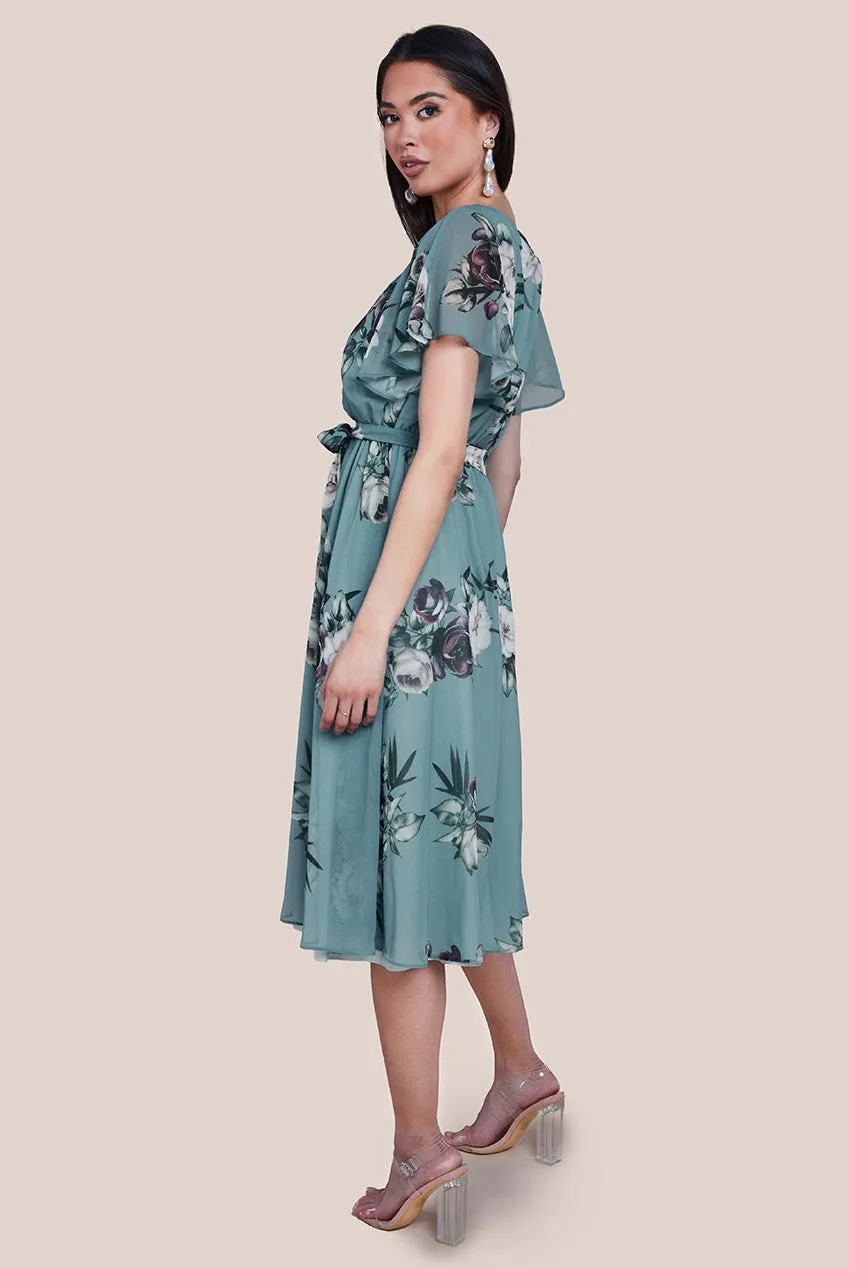 Goddiva Floral Printed Flutter Sleeve Chiffon Midi Dress - Airforce Blue