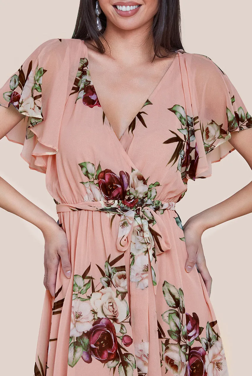 Goddiva Floral Printed Flutter Sleeve Chiffon Midi Dress - Peach