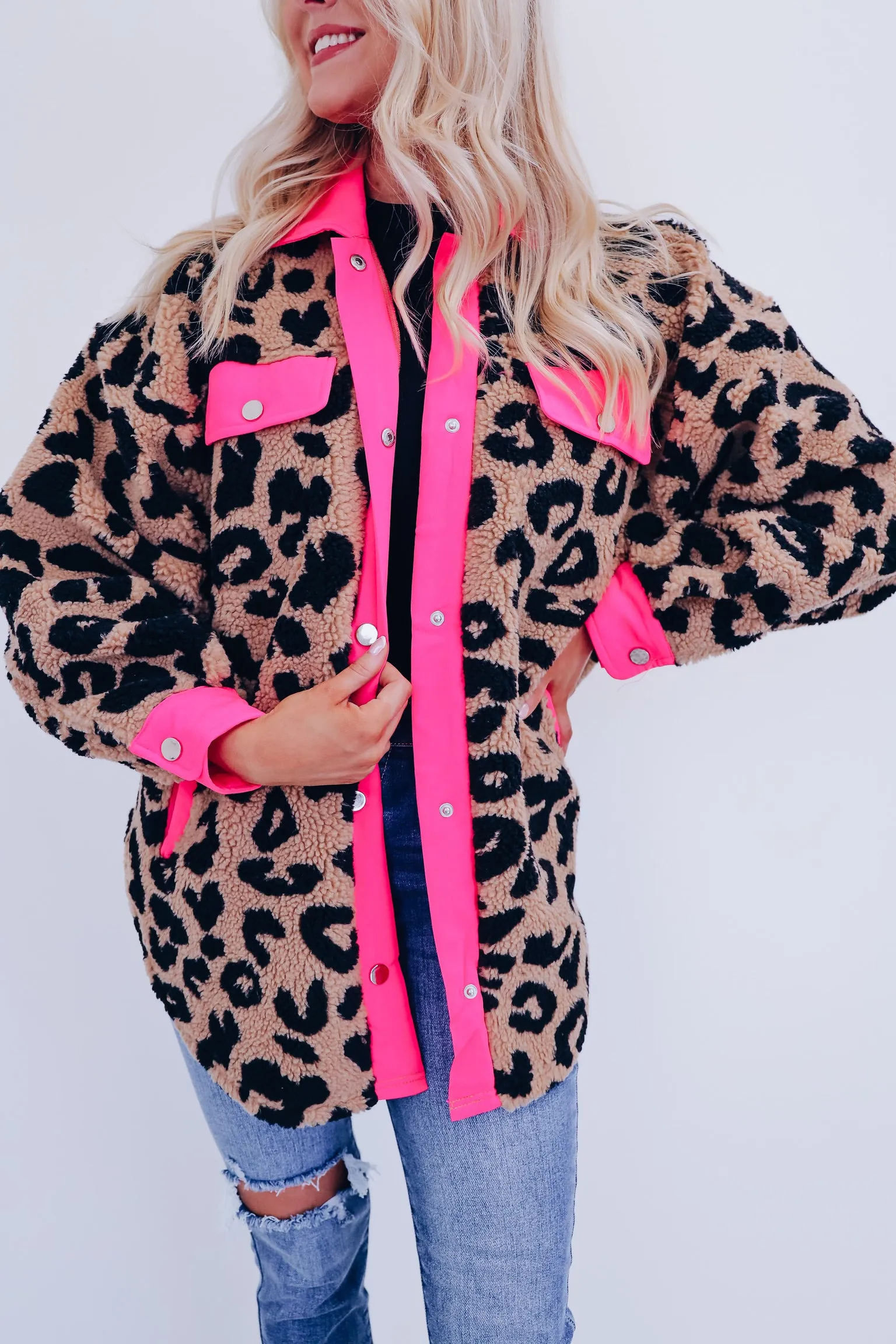 Gone Wild Sherpa Shacket - Neon Pink