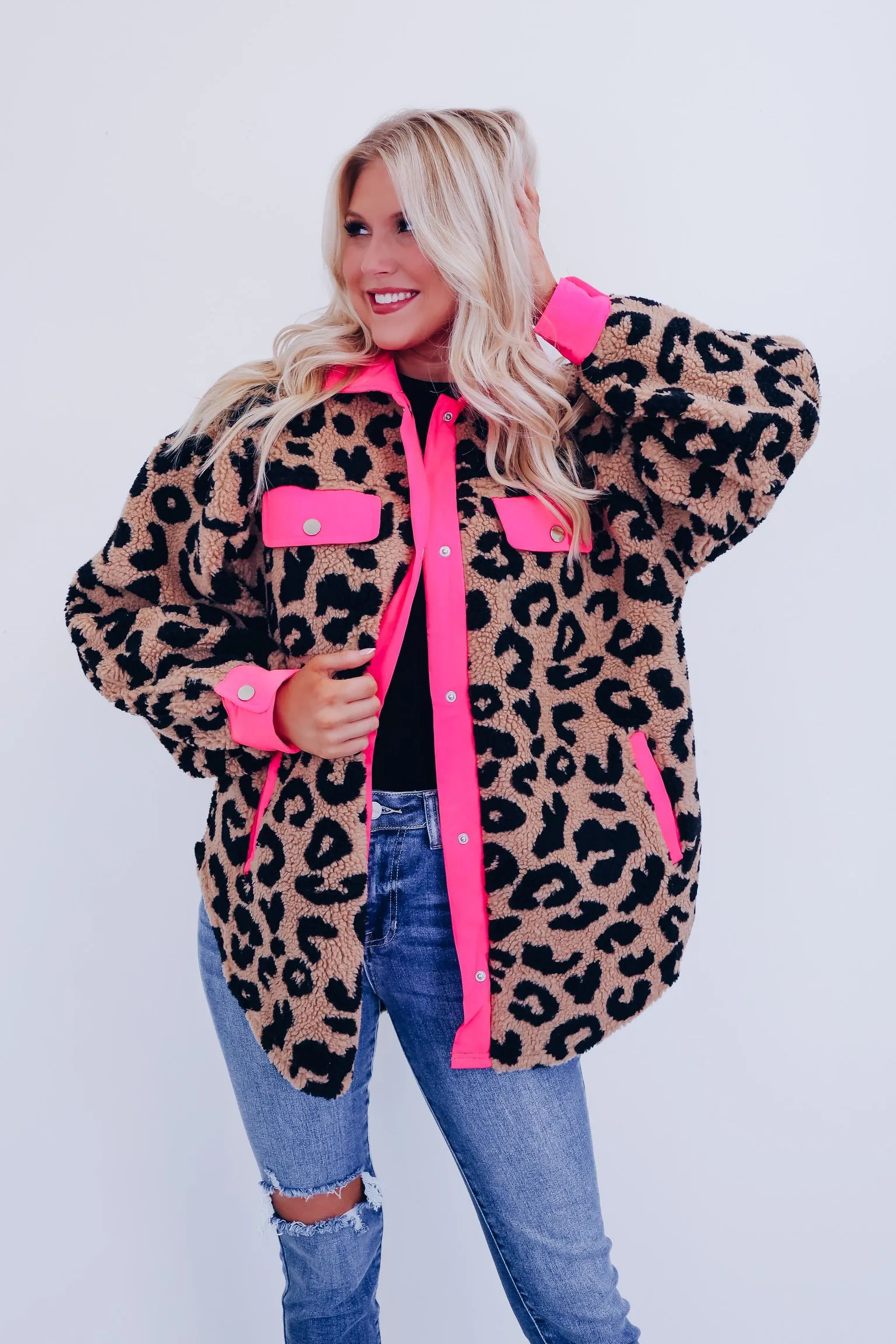 Gone Wild Sherpa Shacket - Neon Pink