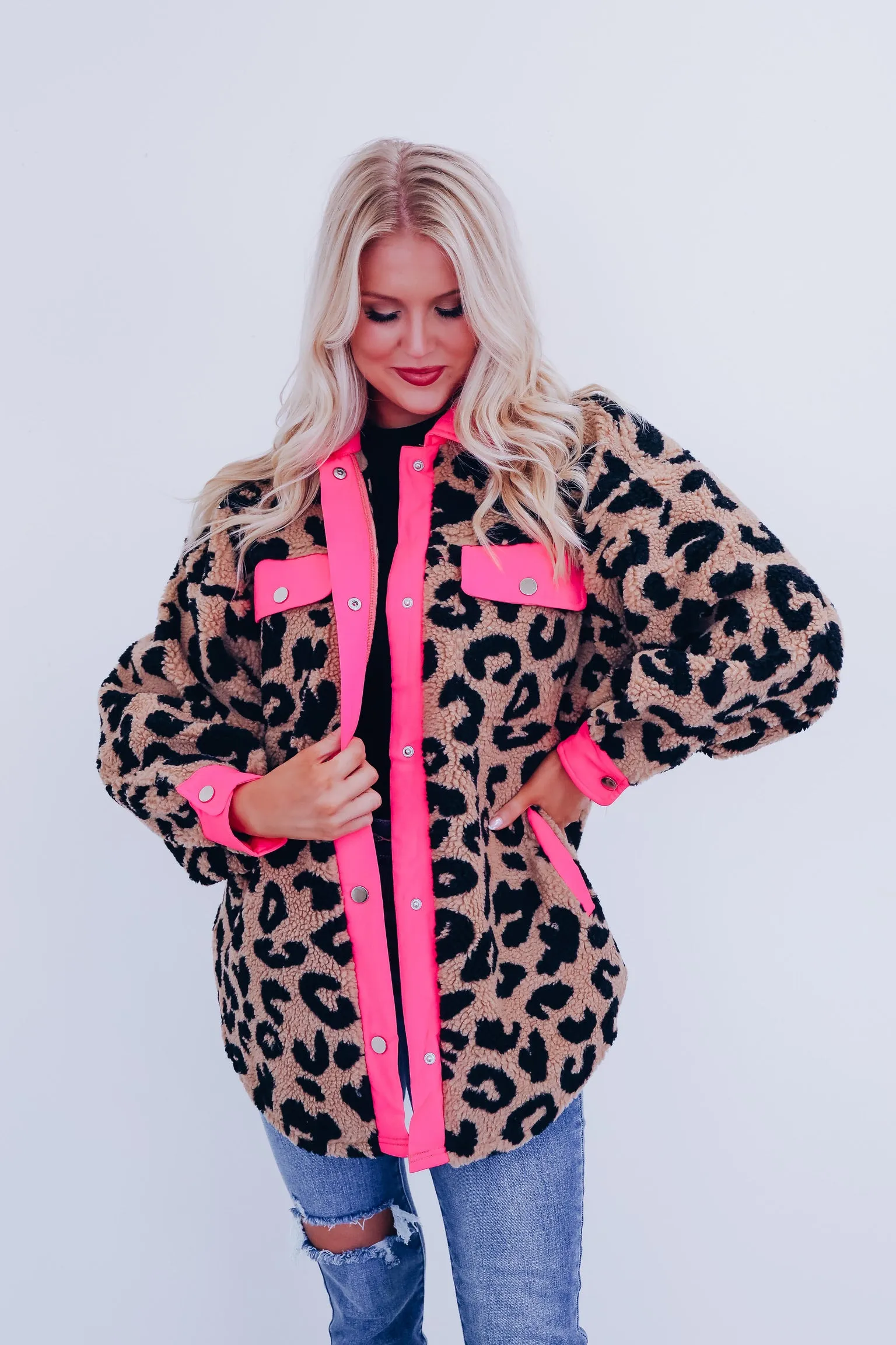 Gone Wild Sherpa Shacket - Neon Pink