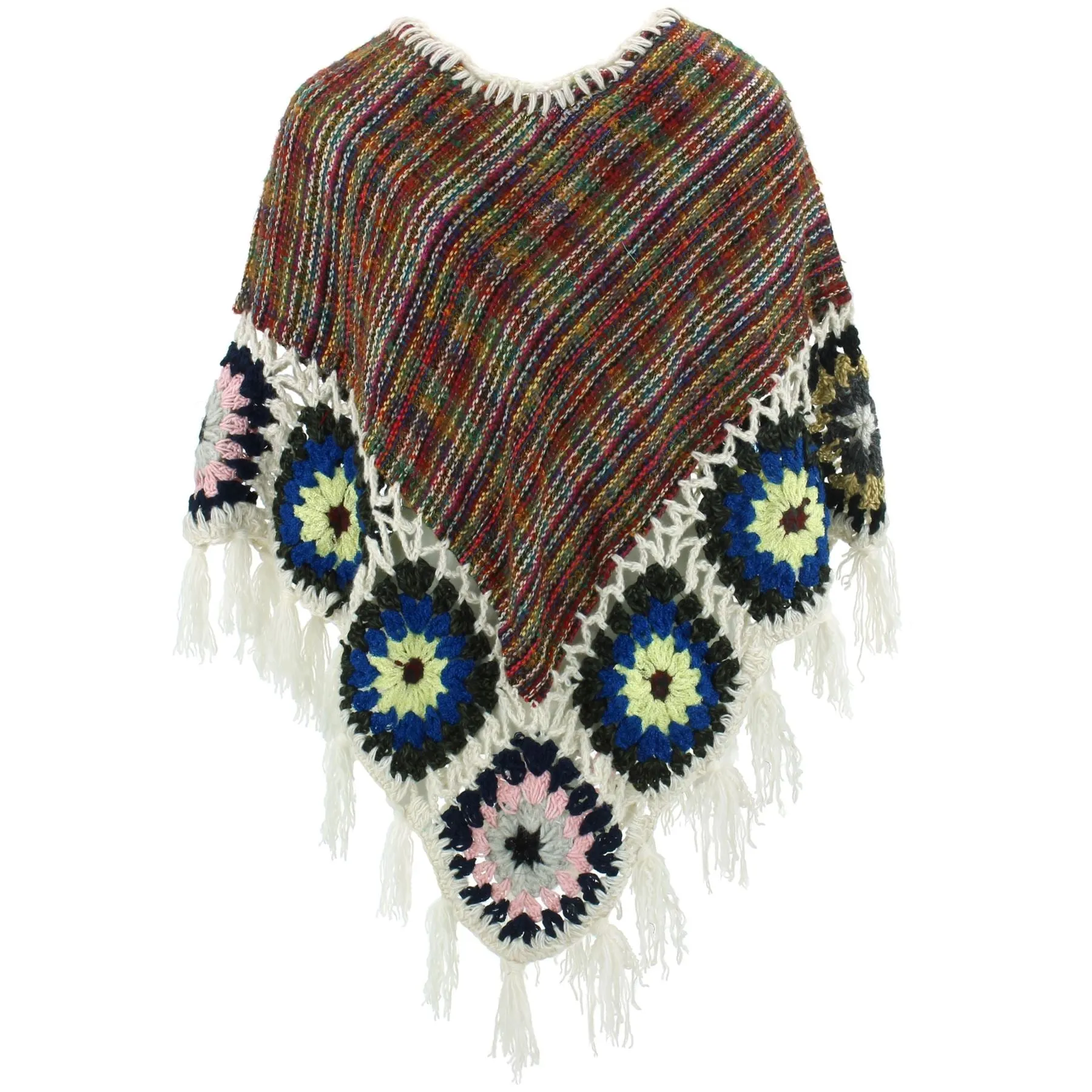 Granny Squares Crochet Poncho Short - Rainbow/Cream