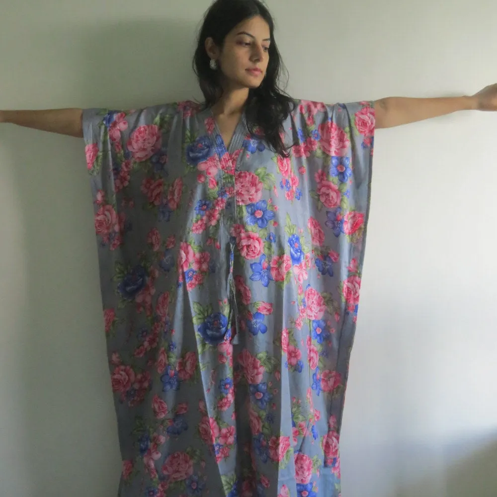 Gray Blue Floral V-Neck Button Down to Waist, Ankle Length, Cinched Waist Caftan