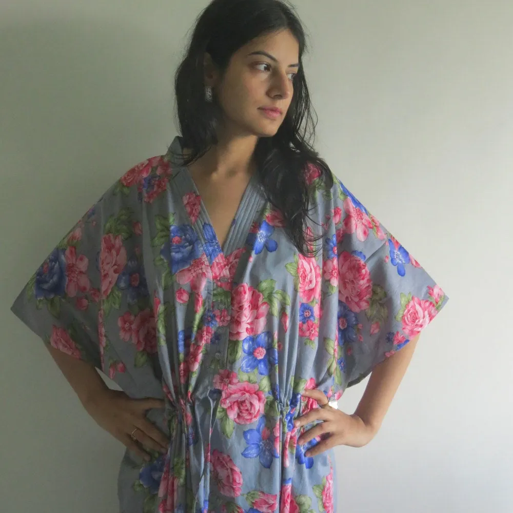 Gray Blue Floral V-Neck Button Down to Waist, Ankle Length, Cinched Waist Caftan