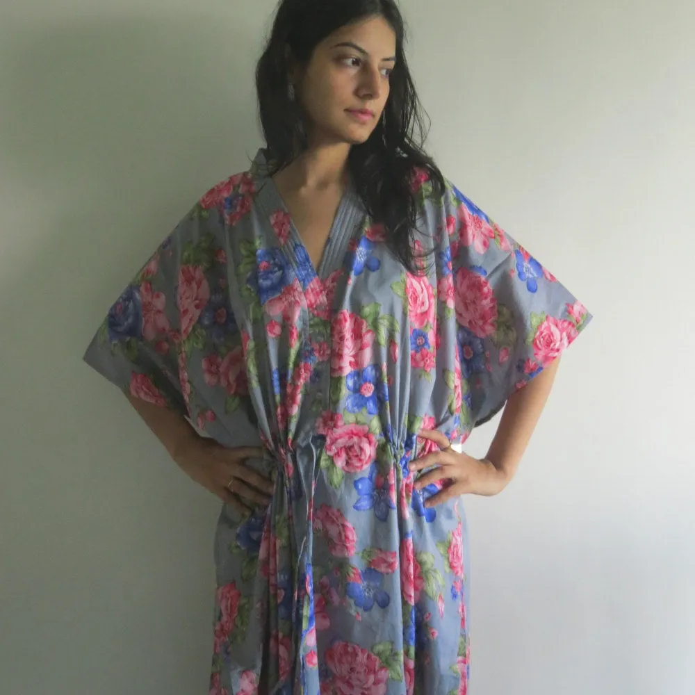 Gray Blue Floral V-Neck Button Down to Waist, Ankle Length, Cinched Waist Caftan