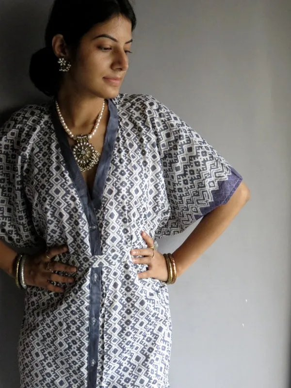 Gray Chevron Geometric V-Neck Full Button Down, Knee Length, Belted Caftan-H1 fabric Code