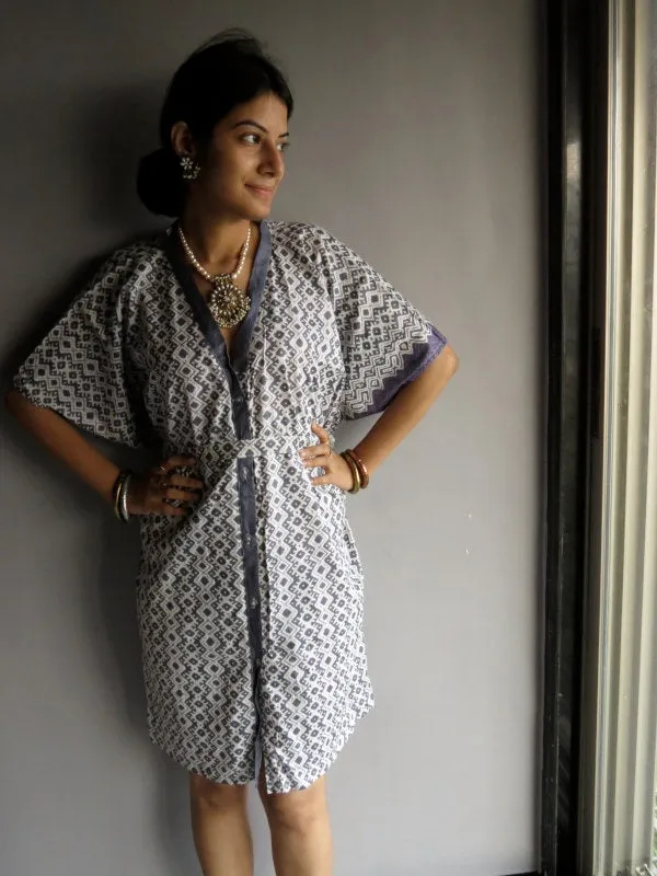 Gray Chevron Geometric V-Neck Full Button Down, Knee Length, Belted Caftan-H1 fabric Code