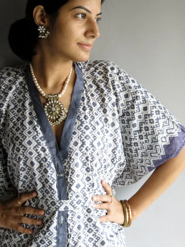 Gray Chevron Geometric V-Neck Full Button Down, Knee Length, Belted Caftan-H1 fabric Code