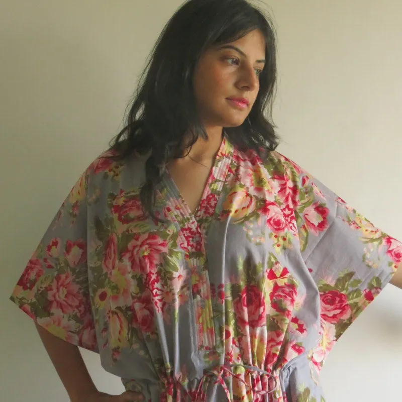 Gray Floral Rosy Red Posy V-Neck Button Down to Waist, Ankle Length, Cinched Waist Caftan