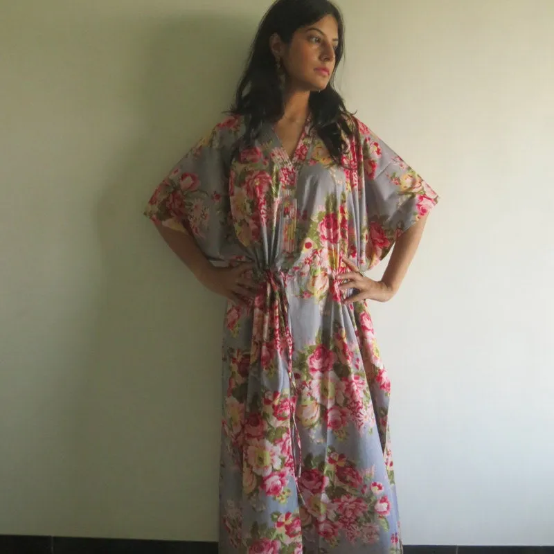 Gray Floral Rosy Red Posy V-Neck Button Down to Waist, Ankle Length, Cinched Waist Caftan