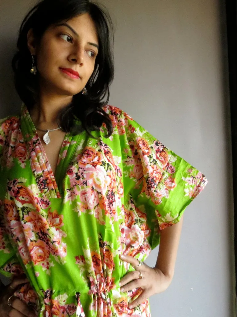 Green Floral Posy V-Neck, Ankle Length, Cinched Waist Caftan