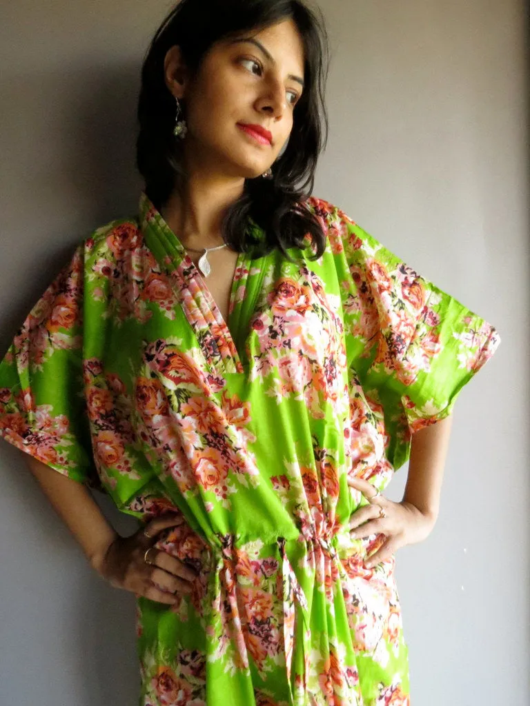 Green Floral Posy V-Neck, Ankle Length, Cinched Waist Caftan