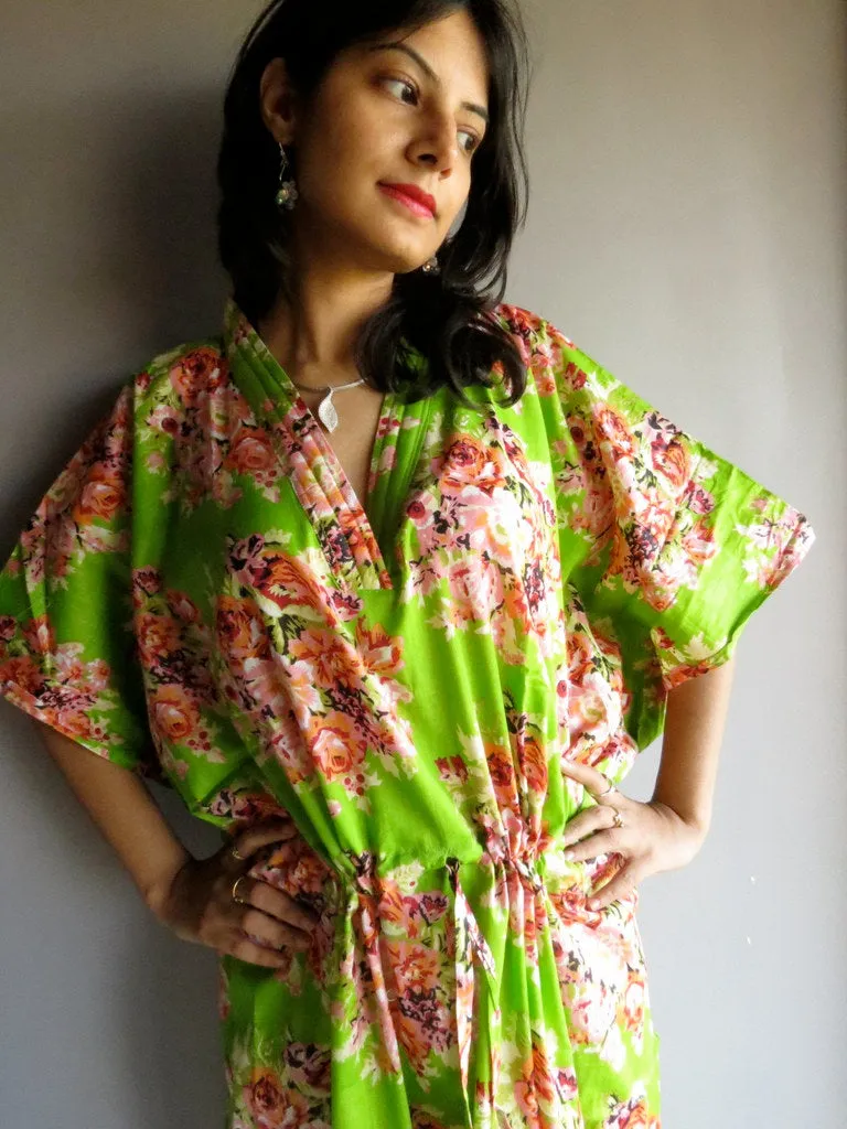 Green Floral Posy V-Neck, Ankle Length, Cinched Waist Caftan