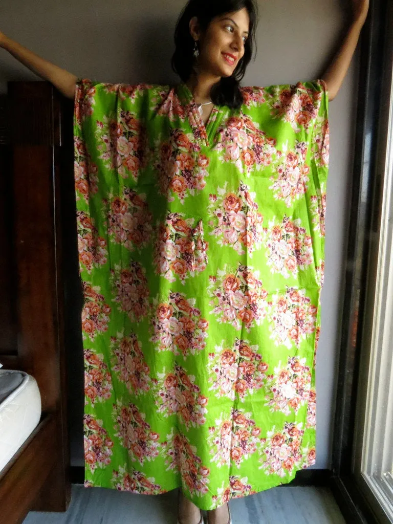 Green Floral Posy V-Neck, Ankle Length, Cinched Waist Caftan