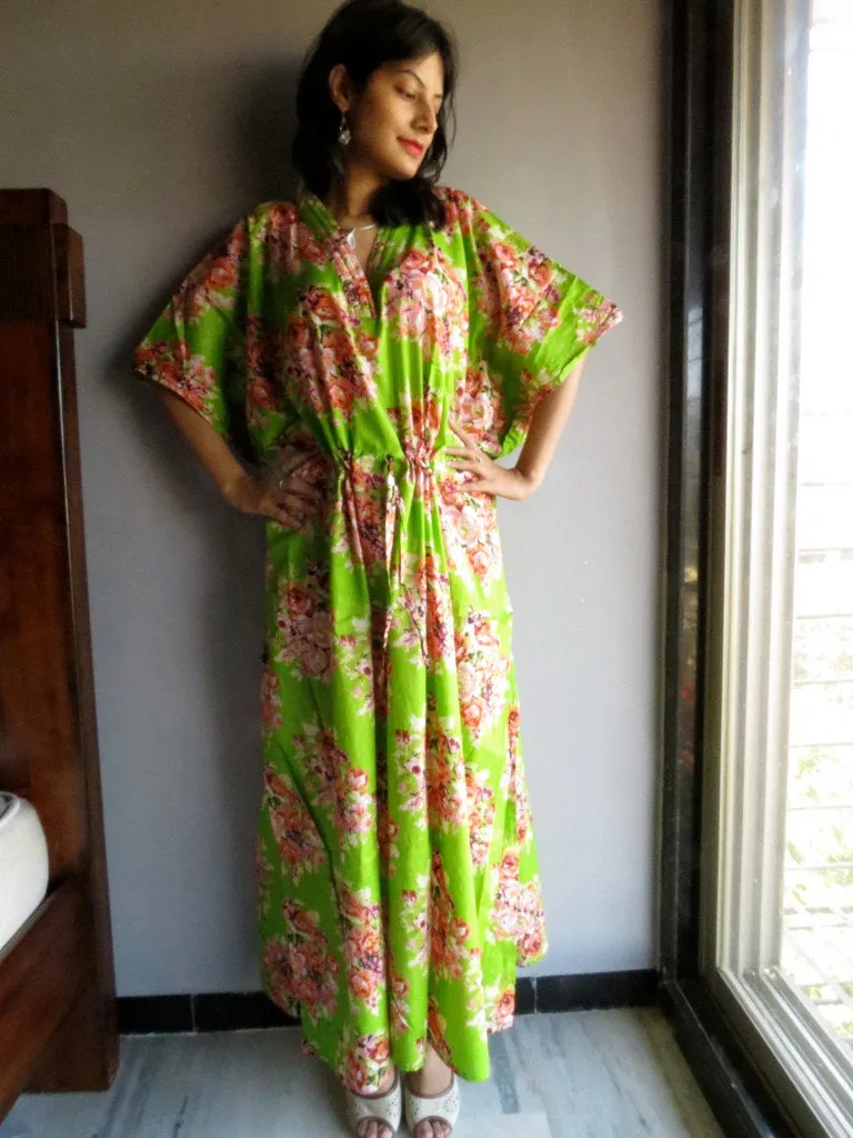 Green Floral Posy V-Neck, Ankle Length, Cinched Waist Caftan