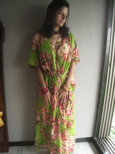 Green Floral Rosy Red Posy V-Neck Button Down to Waist, Ankle Length, Cinched Waist Caftan-A5 fabric Code