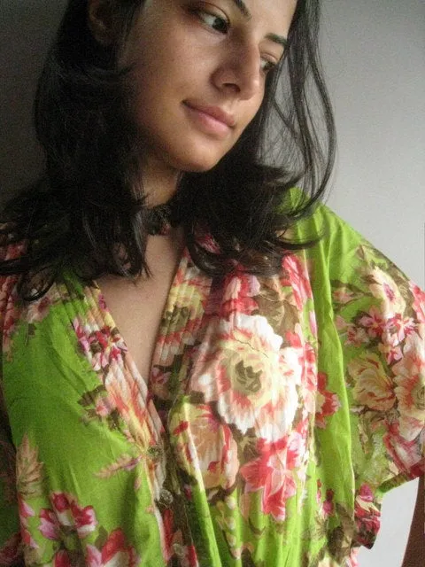 Green Floral Rosy Red Posy V-Neck Button Down to Waist, Ankle Length, Cinched Waist Caftan-A5 fabric Code