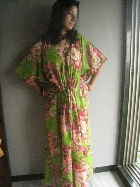 Green Floral Rosy Red Posy V-Neck Button Down to Waist, Ankle Length, Cinched Waist Caftan-A5 fabric Code