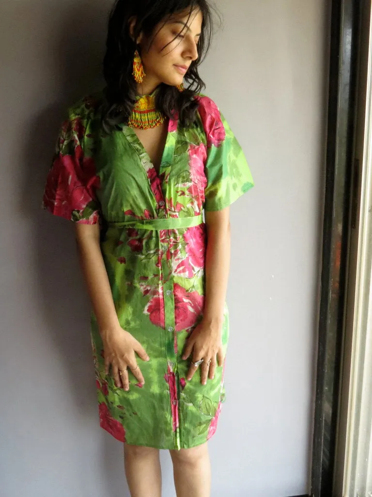 Green Fuchsia Flowers V-Neck Full Button Down, Knee Length, Belted Caftan-E6 fabric Code