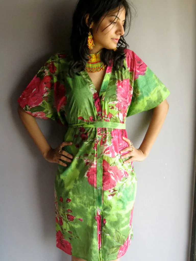 Green Fuchsia Flowers V-Neck Full Button Down, Knee Length, Belted Caftan-E6 fabric Code